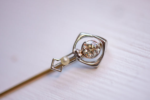 Art Nouveau 14k Platinum 0.44 CTW VS1 Old European Diamond & Pearl Stick Pin