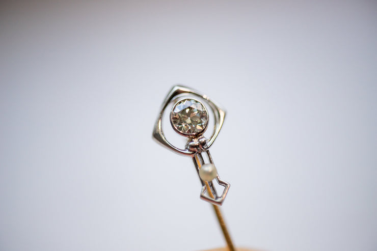 Art Nouveau 14k Platinum 0.44 CTW VS1 Old European Diamond & Pearl Stick Pin