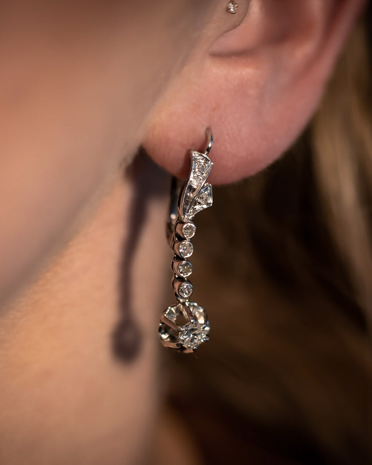 1940s Platinum 0.88 CTW Diamond Buttercup Drop Earrings with Ribbon Motif