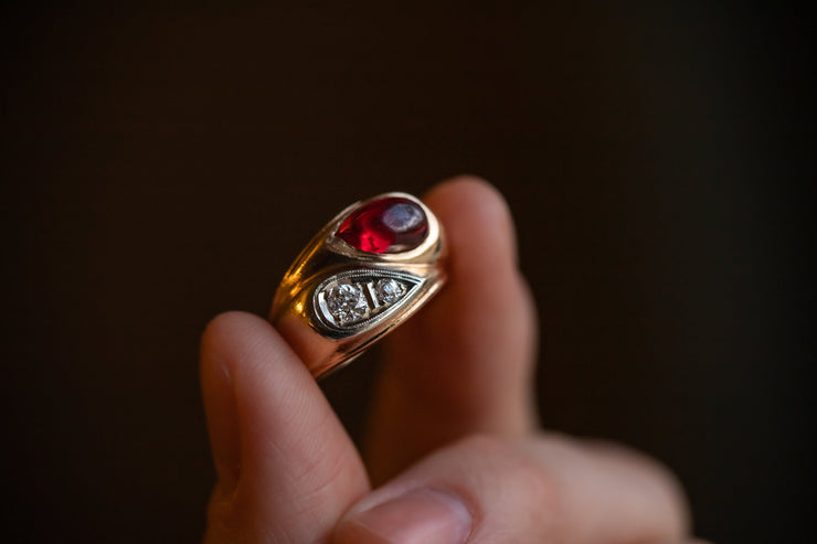 1930s 14k 2.36 CTW Old Euro Diamond and Cabochon Ruby Stylized Snake Ring