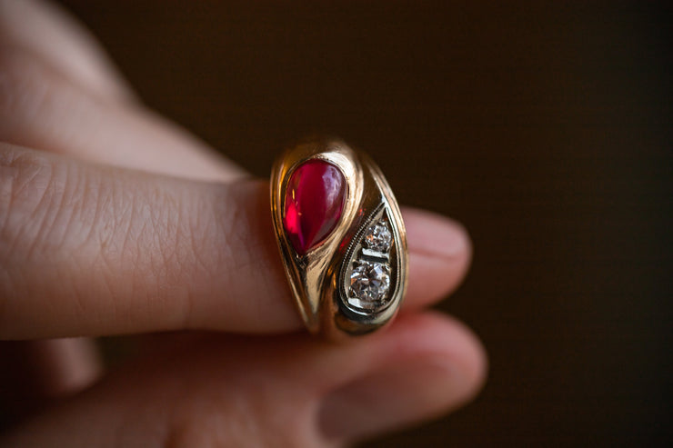 1930s 14k 2.36 CTW Old Euro Diamond and Cabochon Ruby Stylized Snake Ring