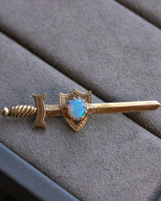 Victorian Scottish 9k 0.46 CT Opal Pin with Heraldry Shield Pierced by Claymore Sword