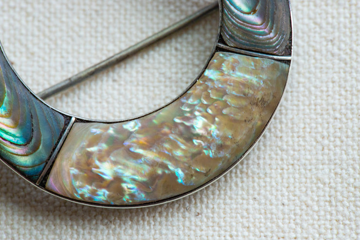 Victorian Sterling 8.65 CTW Abalone Shell Large Inlaid Horseshoe Brooch
