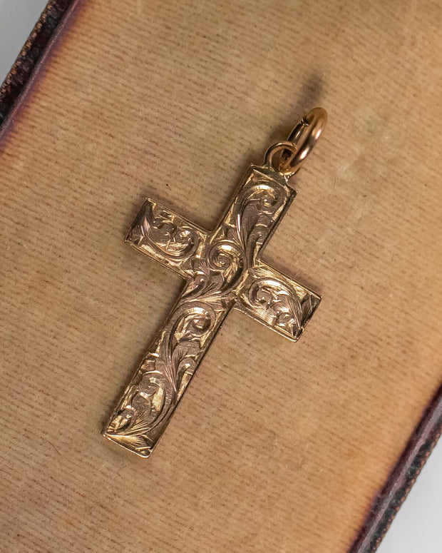 Victorian 9k Rose Gold Hand-Etched Latin Cross Pendant with Acanthus and Cyma Swirls