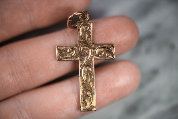 Victorian 9k Rose Gold Hand-Etched Latin Cross Pendant with Acanthus and Cyma Swirls