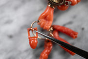 Rare Late Georgian 14k Hand-Carved Coral Necklace with Rolling Pin Beads and Hand Holding Charms