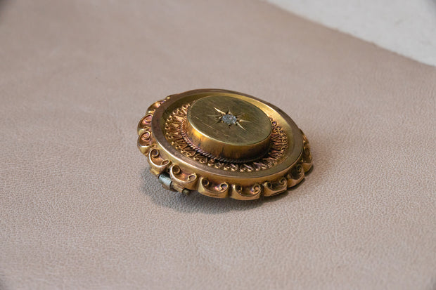 Victorian 14k 8.4g 0.10 CT Rose Cut Diamond Star Set Etruscan Revival Locket Brooch with Original Photos