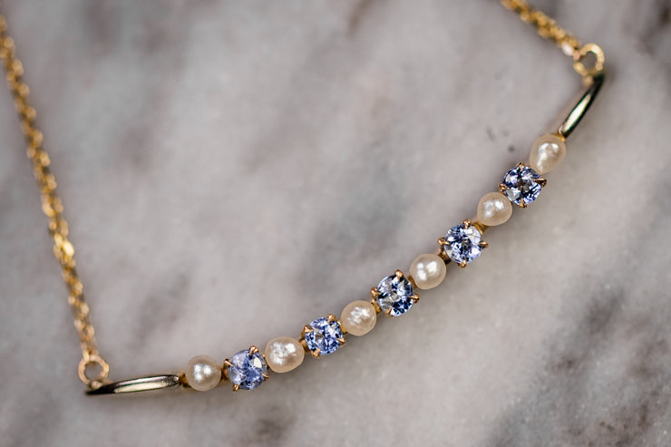 1870s 10k 0.40 CTW Cornflower Sapphire and Seed Pearl Crescent Moon Pin Conversion Necklace