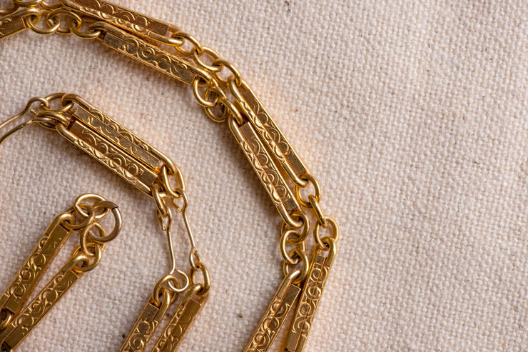 1900s 10-14k Buttery Gold Watch Chain Necklace with Engraved Bar Links