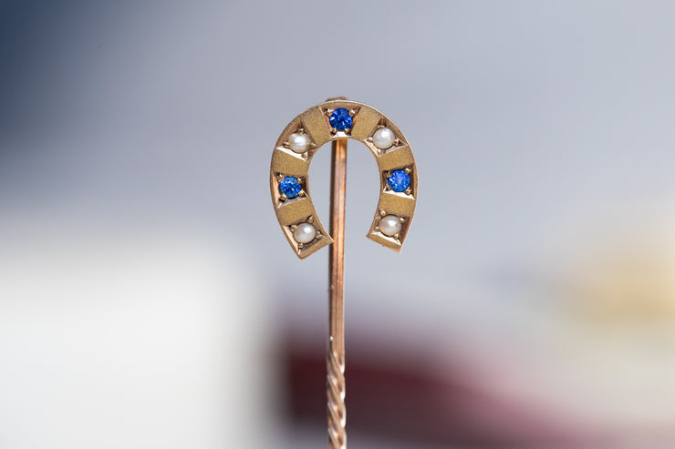 Victorian c. 1896 9k Bloomed Gold Sapphire Paste & Seed Pearl Horseshoe Stick Pin by William Walter Cashmore of Chester, UK
