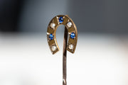 Victorian c. 1896 9k Bloomed Gold Sapphire Paste & Seed Pearl Horseshoe Stick Pin by William Walter Cashmore of Chester, UK