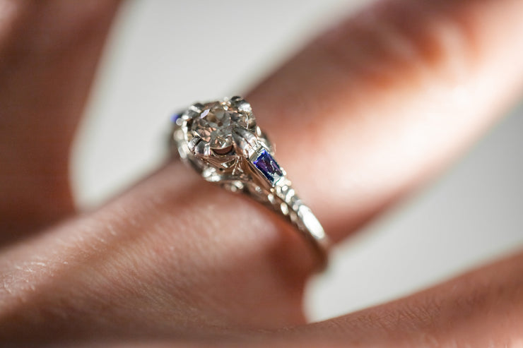 Art Deco 14k 0.70 CTW Old European Diamond & French Cut Sapphire Engagement Ring by Trufit