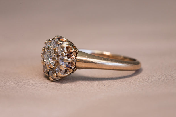 Victorian 14k 1.15 CTW Old European & Old Mine Diamond Daisy Cluster Ring by Bailey Banks & Biddle