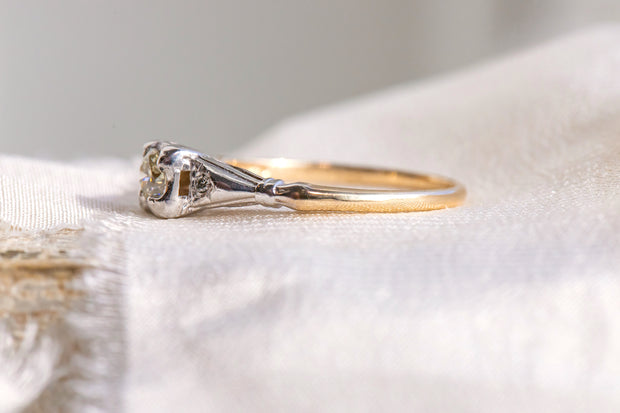 1940s 14k Palladium 0.19 CTW Fancy Light Brownish Yellow Diamond Three Stone Engagement Ring