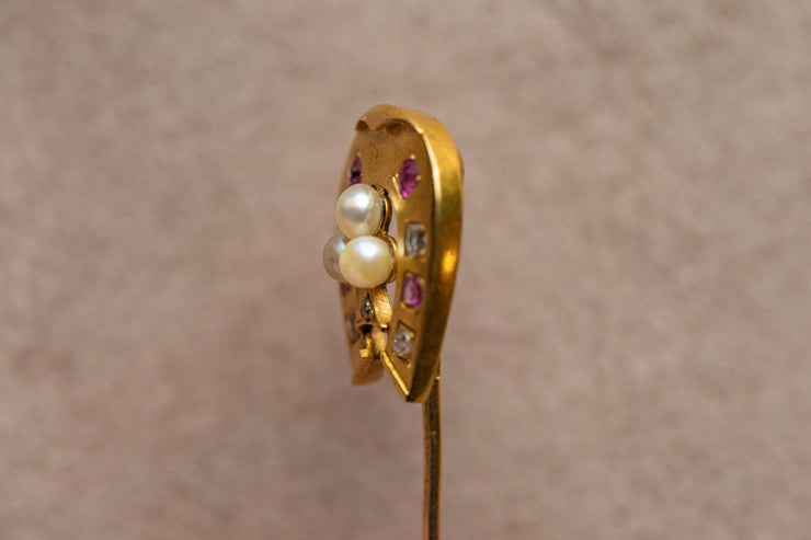 French Victorian 18k 0.90 CTW Rose Cut Diamond and Ruby Horseshoe Stick Pin with Pearl Shamrock Center