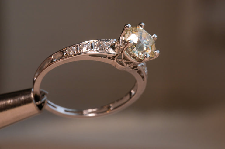 Edwardian Plat 1.19 CTW O-P Color Old European Cut Crown Set Diamond Engagement Ring with Open Split Shank