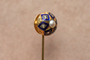 Mid Victorian 18k 1.01 CTW Rose Cut Foiled Diamonds and Pearl Celestial Stick Pin with Blue Enameling and Chased Foliate Details