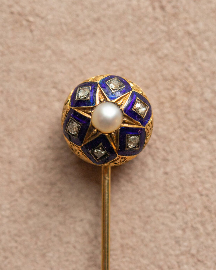Mid Victorian 18k 1.01 CTW Rose Cut Foiled Diamonds and Pearl Celestial Stick Pin with Blue Enameling and Chased Foliate Details