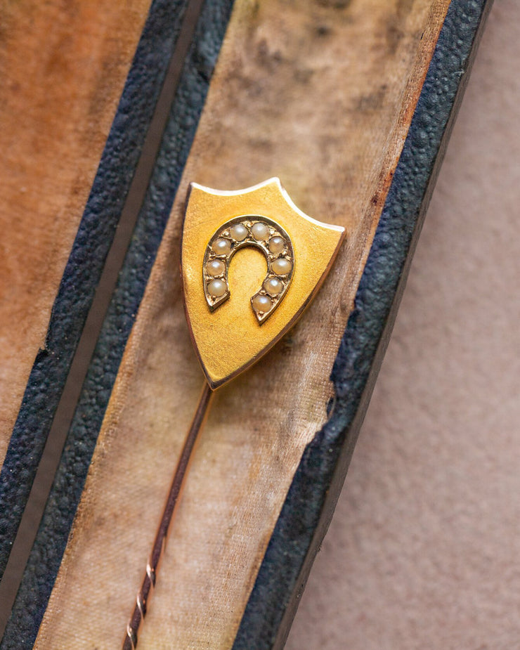Mid Victorian 12k-18k 0.06 CTW Pearl Horseshoe on Two Engrailed Top Escutcheon Heraldic Shield Stick Pin