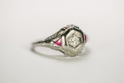 Art Deco 18k 0.33 CTW Diamond and Ruby Engagement Ring in Etched Floral Filigree Hexagonal Mount