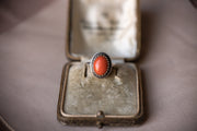 1870s 5.17 CT Coral Cabochon Gothic Revival Ring with Coin Silver Crown Prong Setting