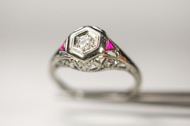 Art Deco 18k 0.33 CTW Diamond and Ruby Engagement Ring in Etched Floral Filigree Hexagonal Mount