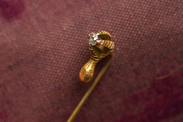 Victorian 14k 0.14 CT Old Mine Cut Diamond Stylized Griffin Talon Stick Pin