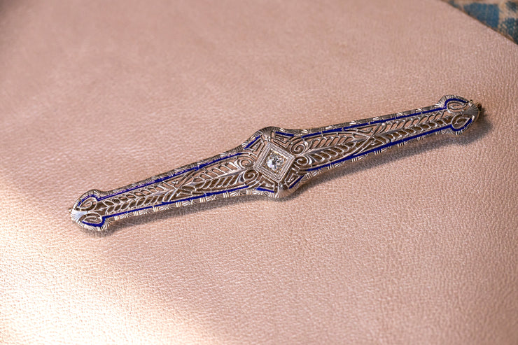 Art Deco 14k 0.12 CTW Old European Diamond Brooch with Blue Enamel, Greek Key & Platinum Accents by Brod & Co.