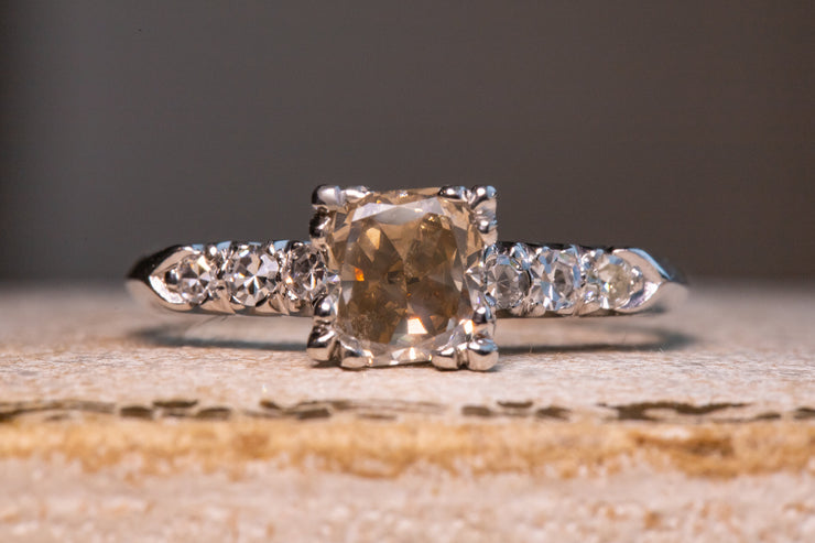 Appraised Mid Century Platinum 1.17 CTW Natural Fancy Light Brown-Yellow Color Diamond Engagement Ring with GIA Certification