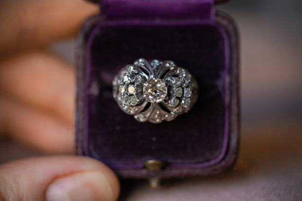 Jugendstil 1.58 CTW Old Mine Cut Diamond 800 Coin Silver Cluster Bombé Ring