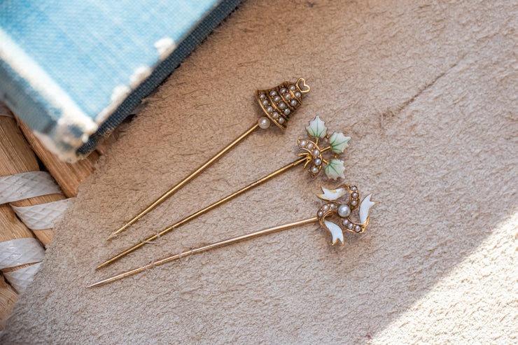 Trio of Antique 14k 0.39 CTW Seed Pearl and Enamel Symbolic Stick Pins Featuring Ehrlich & Sinnock