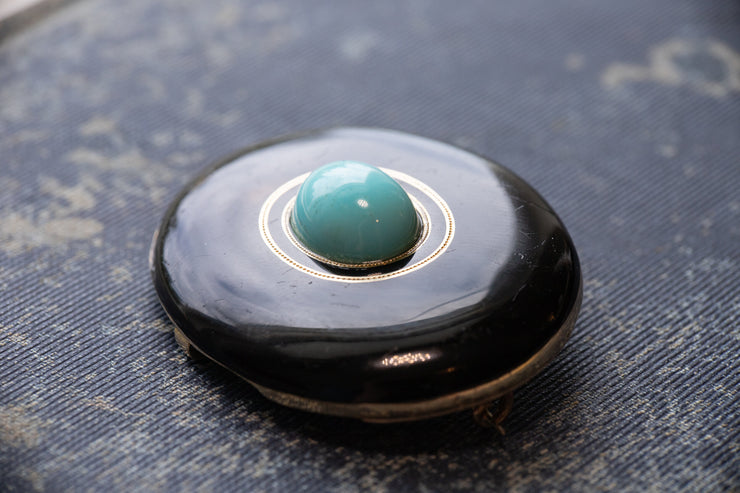 Victorian 14k 4.79 CT Turquoise and Black Enamel 15g Mourning Brooch with Rear Glass Locket