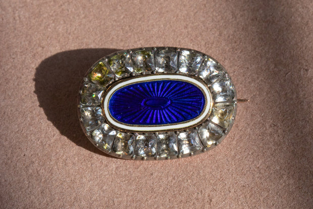 Georgian 9k 3.20 CTW Foiled Diamond Paste & Engraved Guilloché Enamel Pin with Secret Locket