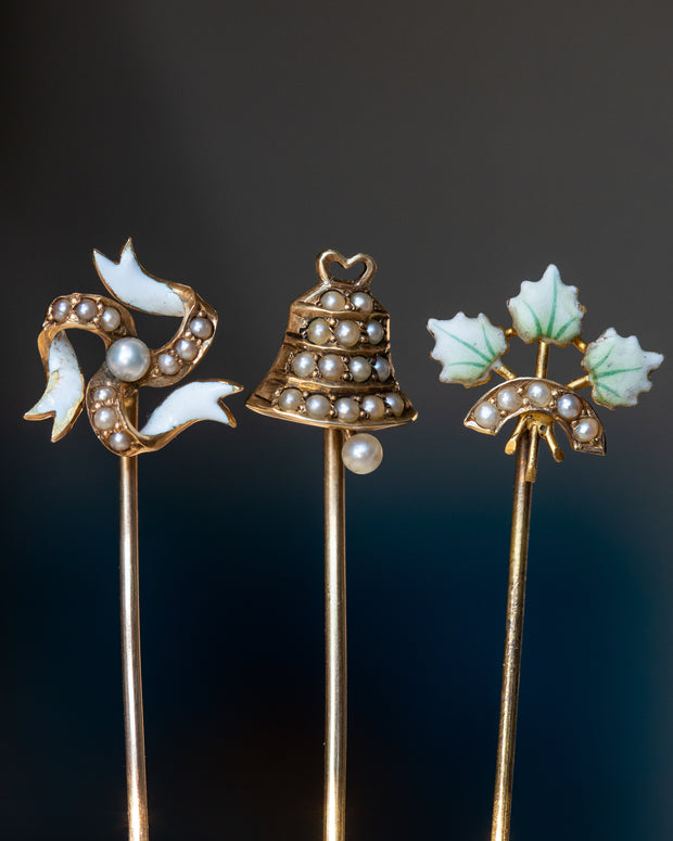 Trio of Antique 14k 0.39 CTW Seed Pearl and Enamel Symbolic Stick Pins Featuring Ehrlich & Sinnock