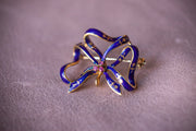 Vintage 18k Ruby Sévigné Bow Watch Hook Pin with Blue Enamel & Forget-Me-Not Details