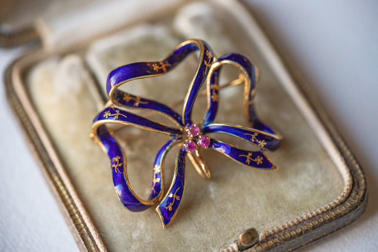 Vintage 18k Ruby Sévigné Bow Watch Hook Pin with Blue Enamel & Forget-Me-Not Details