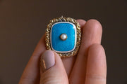 Georgian 14k 0.36 CT Pearl Hand Engraved Floral Mourning Brooch for a Child with Vivid Blue and White Enamel