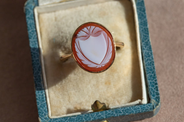Victorian 9k 4.49 CT Hand-Carved Sardonyx Cameo of Heraldic Shield with Laurel Wreath & Fanned Crown