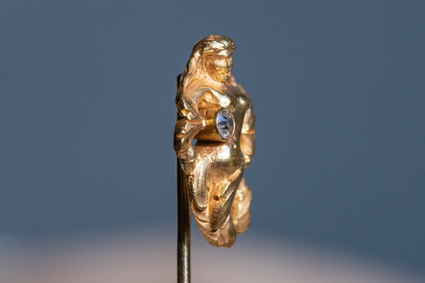Art Nouveau 18k 0.10 CT Old European Diamond Stick Pin Featuring Organic Nude Mythological Mermaid