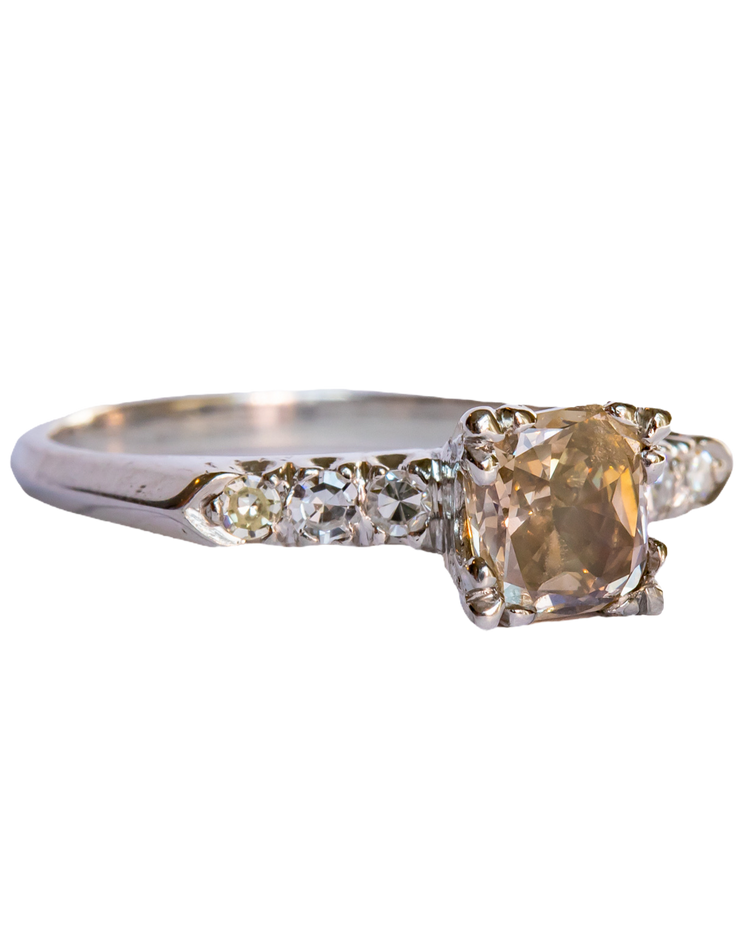 Appraised Mid Century Platinum 1.17 CTW Natural Fancy Light Brown-Yellow Color Diamond Engagement Ring with GIA Certification