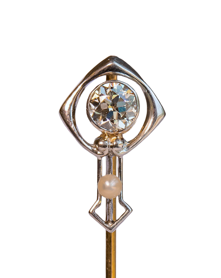 Art Nouveau 14k Platinum 0.44 CTW VS1 Old European Diamond & Pearl Stick Pin