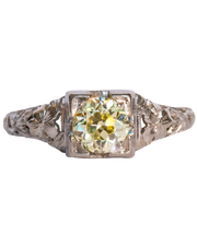Art Deco 18k 0.68 CT VVS2 Fancy Yellow Old European Cut Diamond Solitaire with Etched Floral Filigree and Square Mount