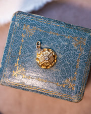 1860s 14k 0.02 CT Rose Cut Diamond Engraved Quatrefoil Revival Style Charm