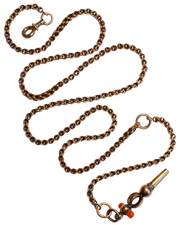 Victorian 10k Deep Gold 24" 17.4g Fancy Link Belcher Chain with Gilt Swivel Clip, Split Rings & Coral Watch Key