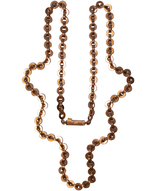 1930s French Art Moderne 18k Rose Gold 18.6" Fancy Link Fluted Disc Chain