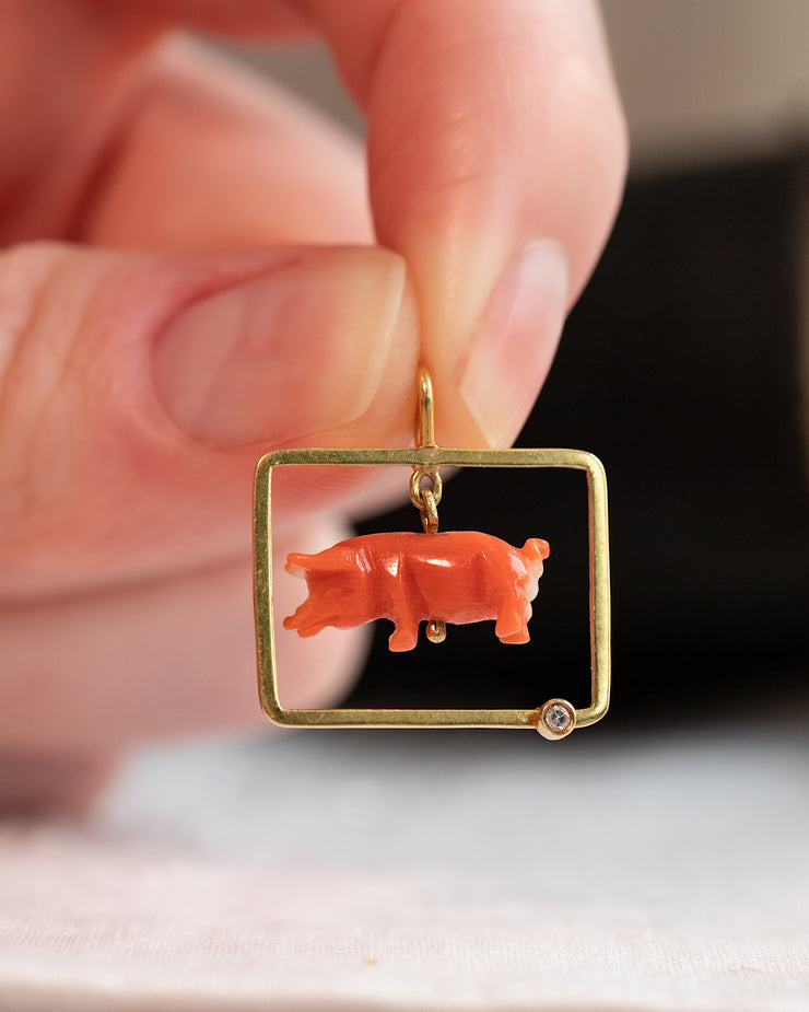 Vintage 18k 4.2 CTW Articulated Pendant with Victorian Coral Lucky Pig & Contemporary Diamond Frame