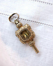 Georgian 9k 1.24 CTW Citrine & Banded Agate Double-Sided Repoussé Watch Winder Key and Seal Fob