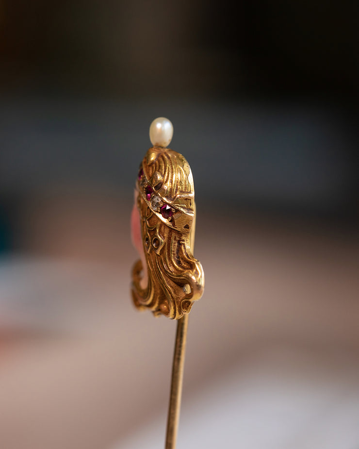 Art Nouveau 14k 0.22 CTW Diamond, Ruby & Pearl Crowned Lady Enamel Stick Pin in the Style of Alphonse Mucha