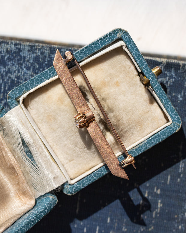 Victorian 14k Rose Gold 0.14 CT Old European Cut Diamond Buttercup Claw Prong & Knife Edge Bar Brooch