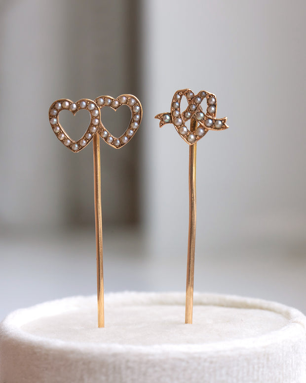 Pair of Antique 14k 0.41 CTW Seed Pearl Stick Pins with Sentimental Twin Heart & Lover&